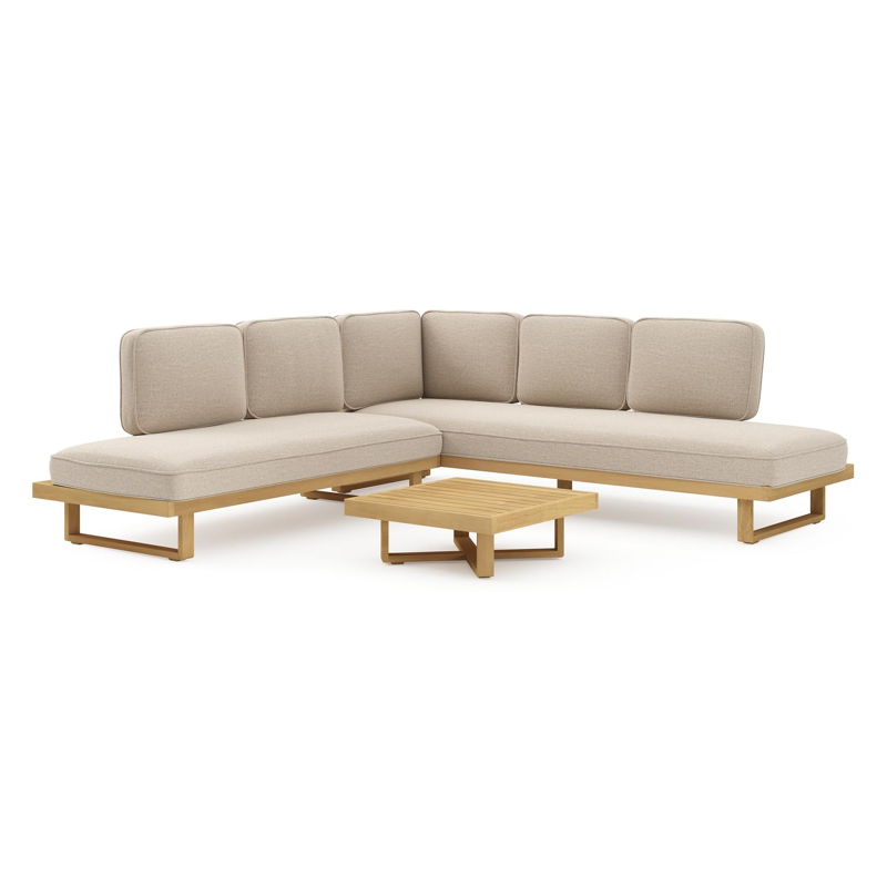 Escala loungehoek in teak met rustic weather+ softtouch kussens en loungetafel