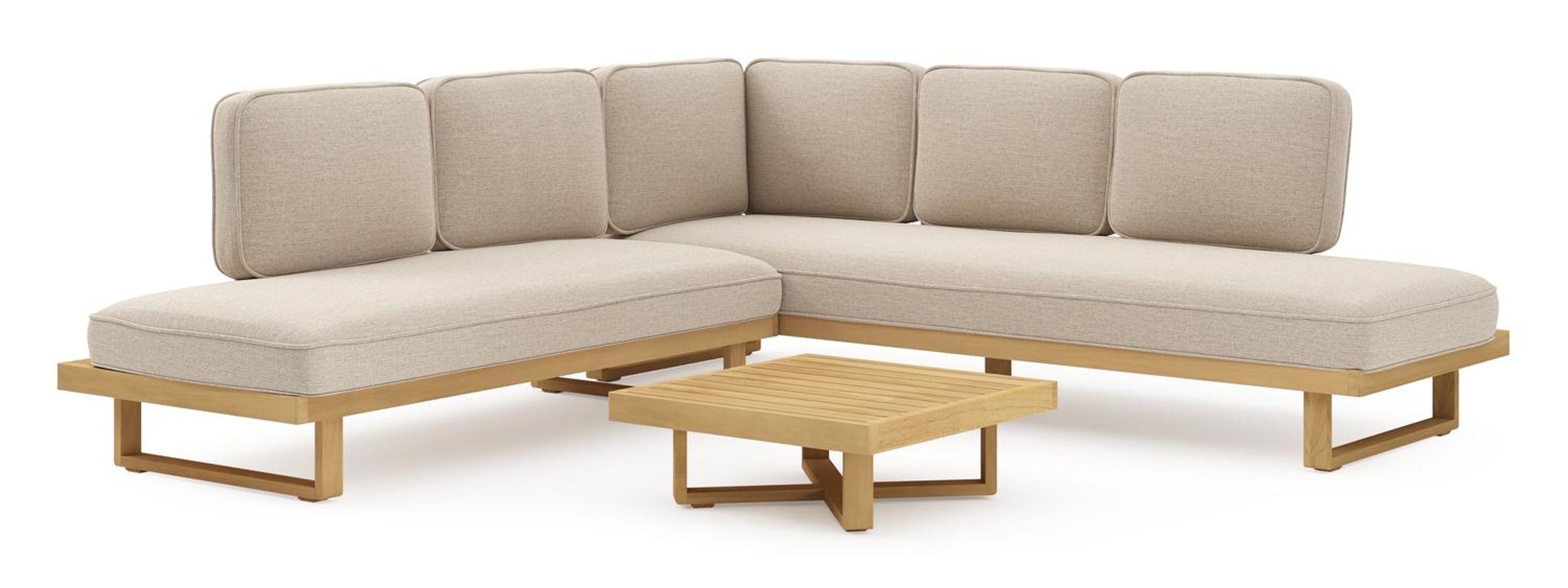 Escala loungehoek in teak met rustic weather+ softtouch kussens en loungetafel