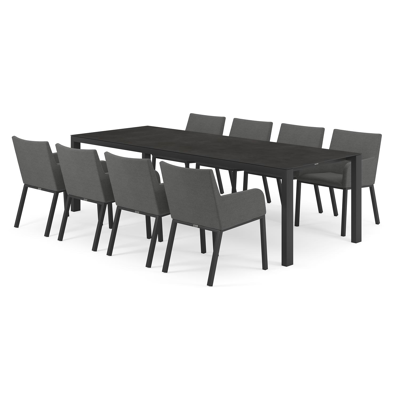 Trente tuinset in zwart aluminium en zwart volkeramiek tafelblad met 8 Rivo tuinstoelen