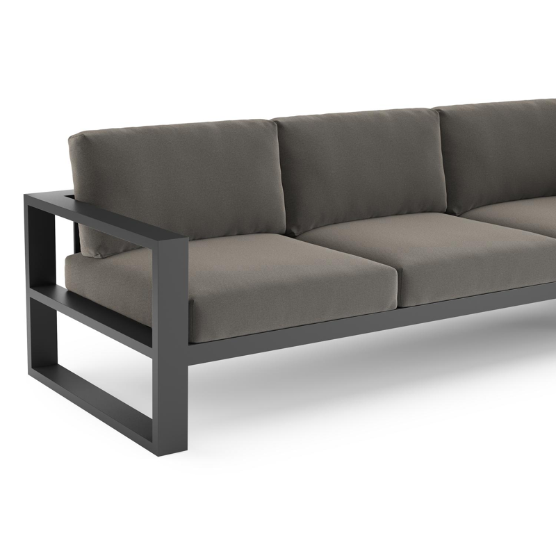 Verato loungehoek in zwart aluminium met natte dark taupe all weather sunbrella® luxe kussen