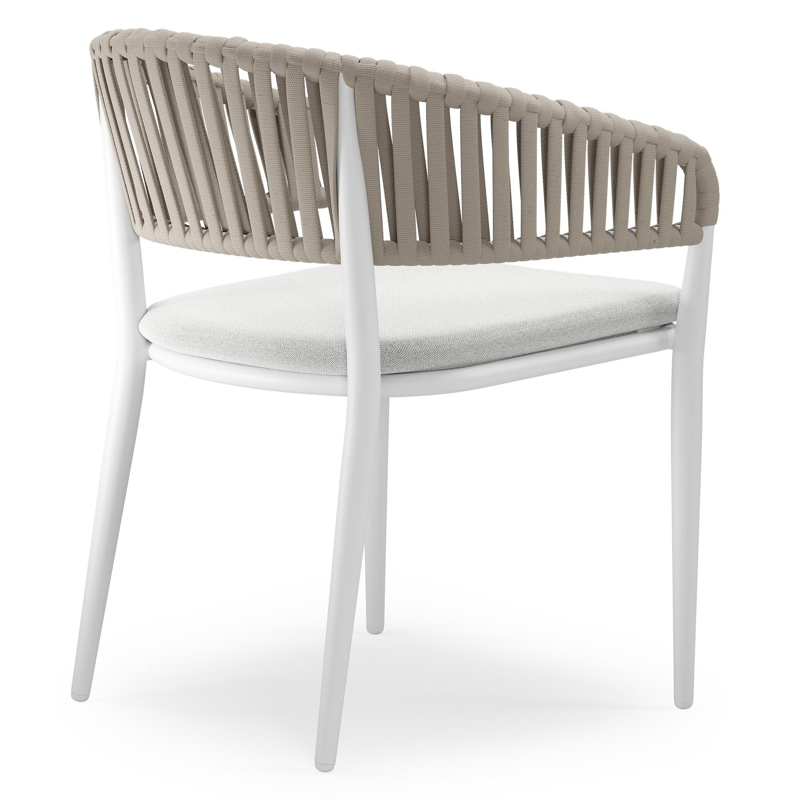 Tolfa stapelbare tuinstoel in wit aluminium en beige verticaal geweven luxe vlakke brede rope met stoelkussen in All Weather Sunbrella® Luxe Natte Grey Chine