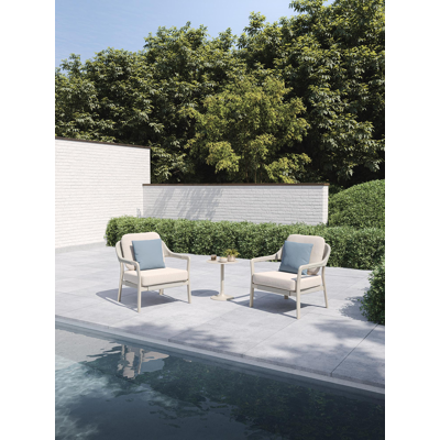 Fauteuil de jardin Tamariu en aluminium beige et corde ronde tissée verticalement beige et coussins en weather+ softtouch rustic