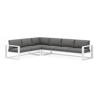 Salon de jardin d'angle Verato en aluminium blanc et coussins en all weather sunbrella® luxe natte charcoal chine