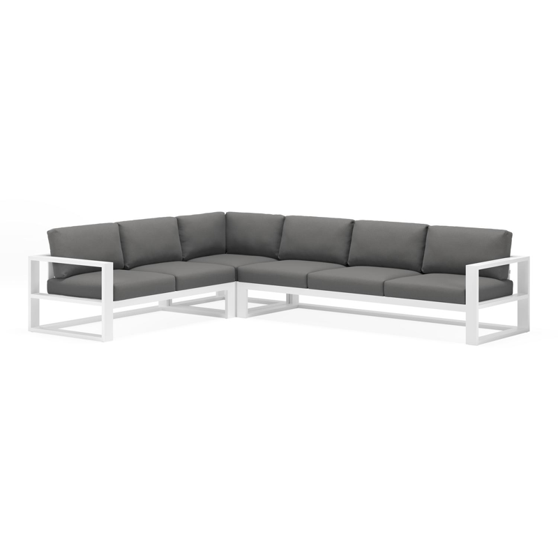 Verato loungehoek in wit aluminium met natte charcoal chine all weather sunbrella® luxe kussen