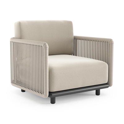Organo loungestoel in zwart aluminium en beige verticaal geweven luxe vlakke rope met lopi marble all weather Sunbrella® luxe kussen