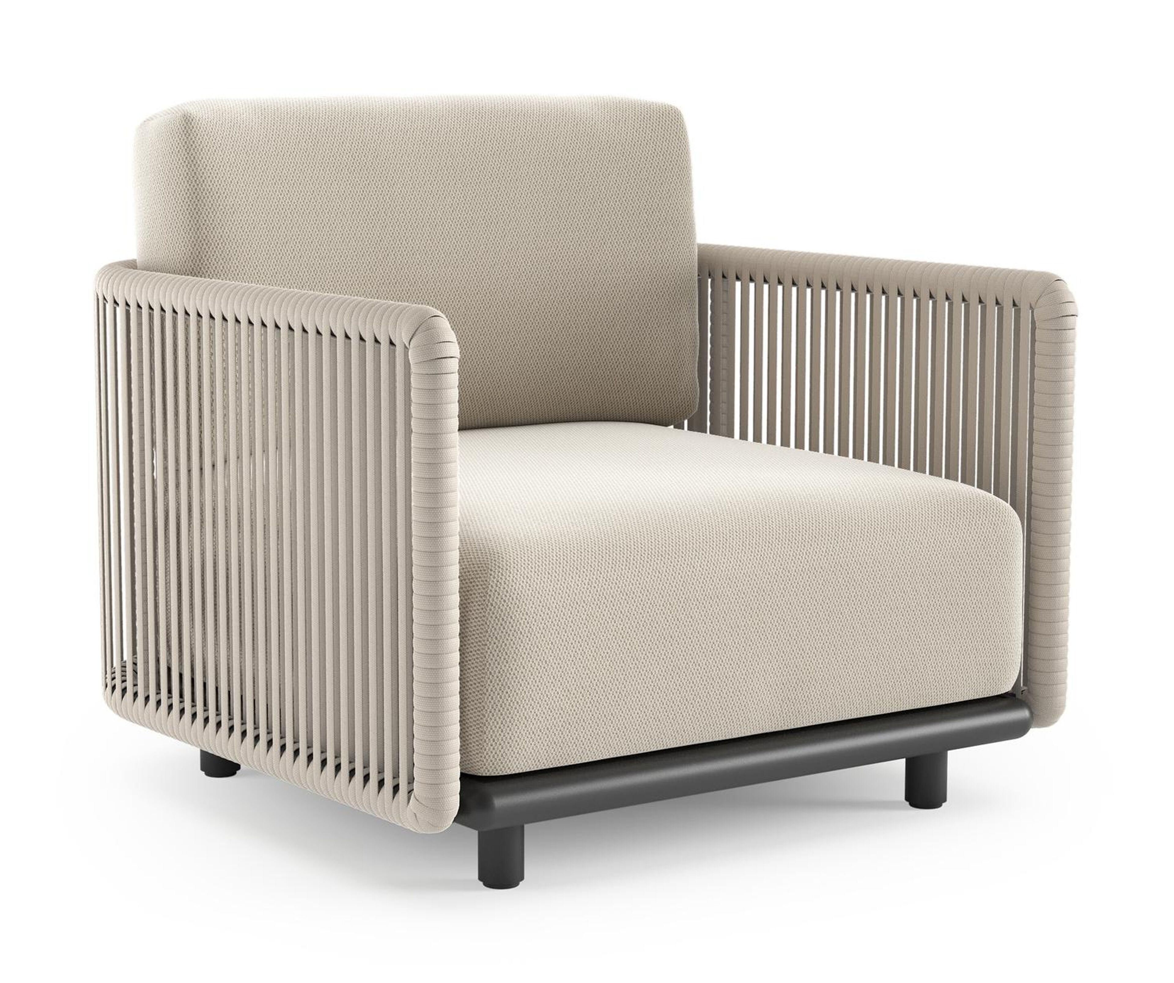 Organo loungestoel in zwart aluminium en beige verticaal geweven luxe vlakke rope met lopi marble all weather Sunbrella® luxe kussen