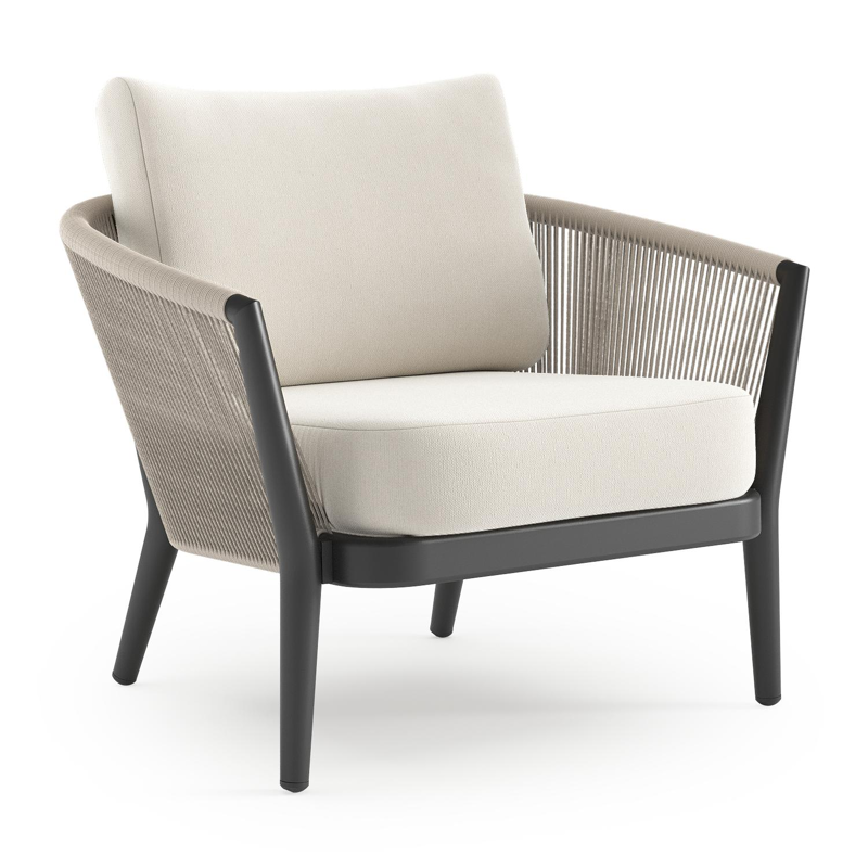 Orso loungestoel in zwart aluminium en beige verticaal geweven ronde rope met Savane White all weather sunbrella® luxe kussen