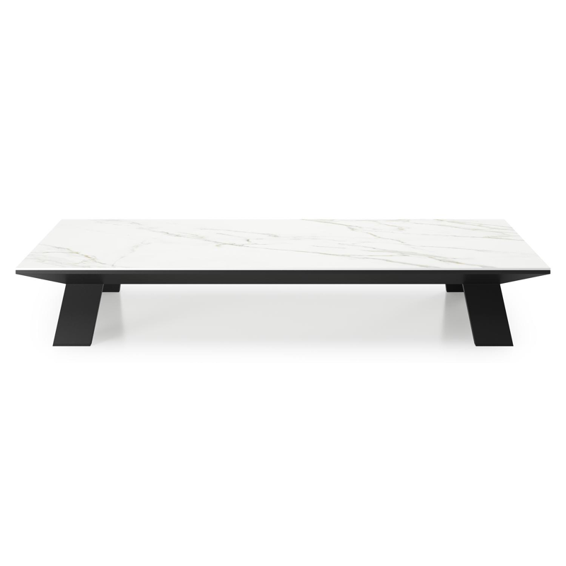 Table de basse Cesano rectangulaire en aluminium noir et céramique pleine Calacatta - Lg. 140 x Lrg. 80 x Haut. 24.2 cm