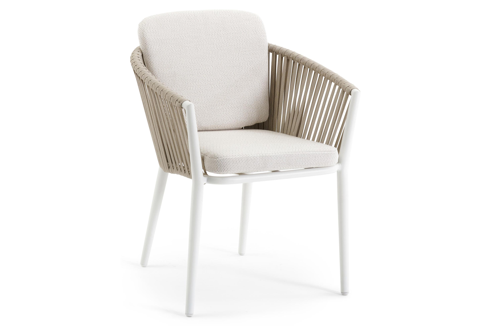 Chaise de jardin Orso in aluminium blanc et corde tissée verticalement beige avec coussin en lopi marble all weather sunbrella® luxe
