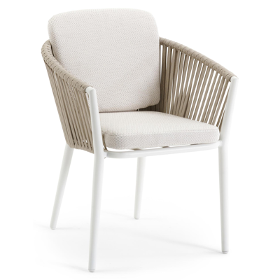 Orso tuinstoel in wit aluminium en beige verticaal geweven rope met kussen in lopi marble all weather sunbrella® luxe