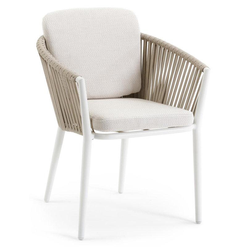 Chaise de jardin Orso in aluminium blanc et corde tissée verticalement beige avec coussin en lopi marble all weather sunbrella® luxe
