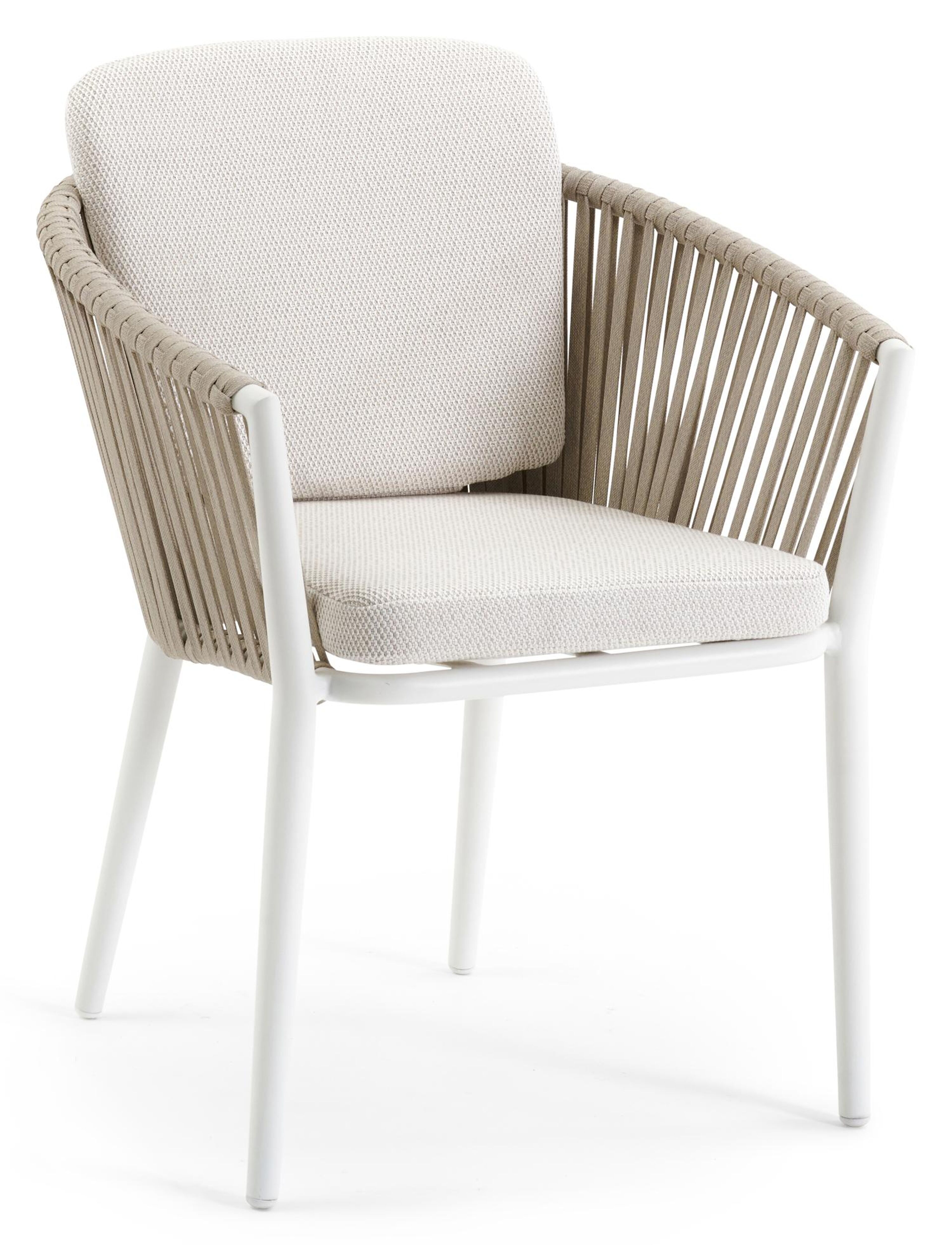 Orso tuinstoel in wit aluminium en beige verticaal geweven rope met kussen in lopi marble all weather sunbrella® luxe
