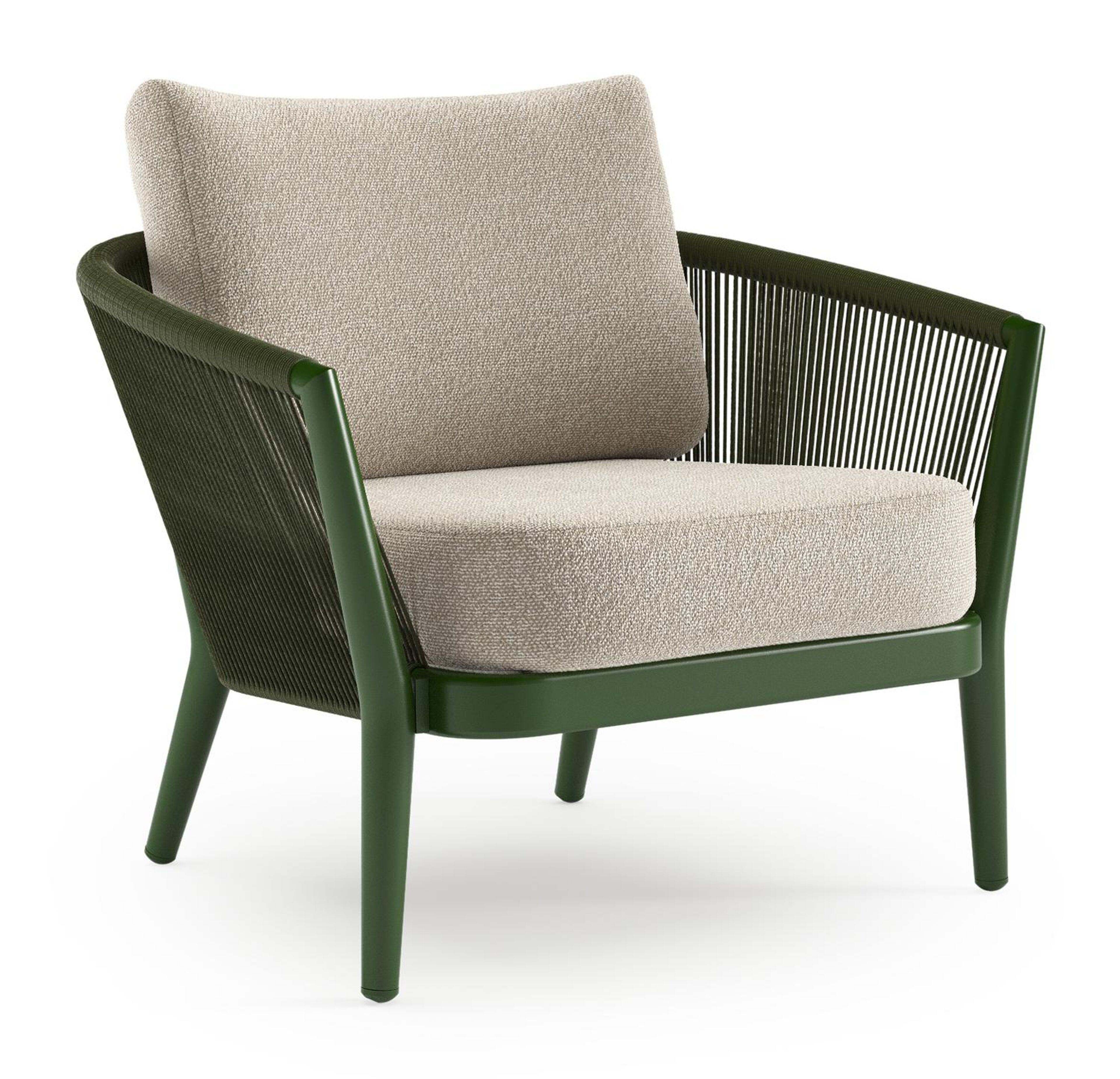 Orso loungestoel in groen aluminium en groen verticaal geweven ronde rope met Marbella Ecru all weather cosytica kussen