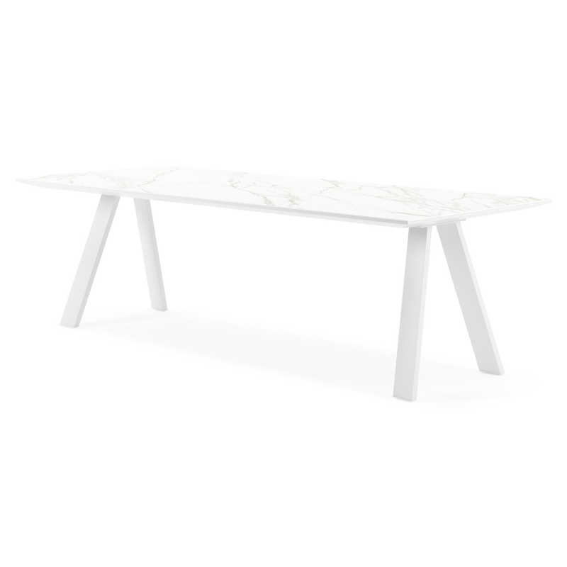 Table de jardin Cesano en aluminium blanc et céramique pleine calacatta - Lg 240 x Larg. 100 x H 75 cm