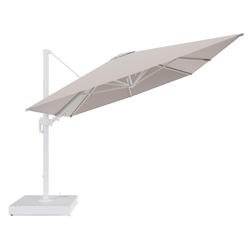 Rufina zweefparasol met tiltfunctie in wit aluminium en Wander Pilat All Weather Sunbrella® Luxe parasoldoek - L1 400 x L2 300 cm met parasolvoet Minore 260 kg met wielen