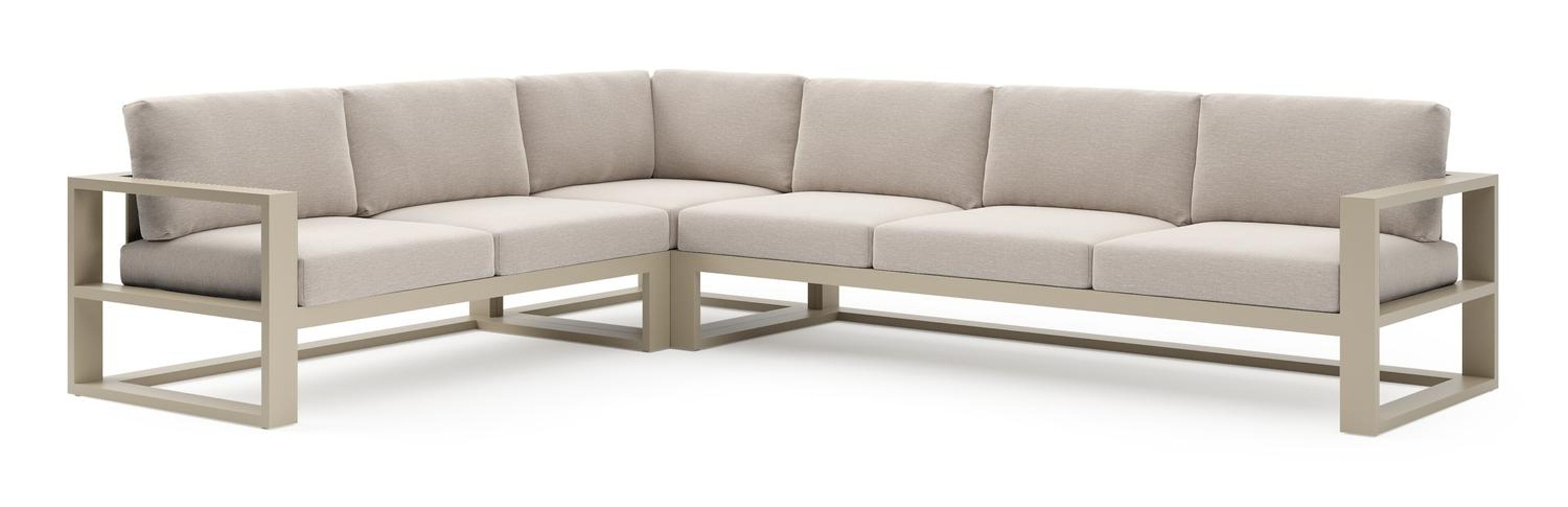 Verato loungehoek in beige aluminium met slow farafra all weather sunbrella® luxe kussen