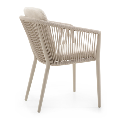 Orso stapelbare tuinstoel in beige aluminium en beige verticaal geweven ronde rope met kussen in All Weather Sunbrella® Luxe Slow Farafra