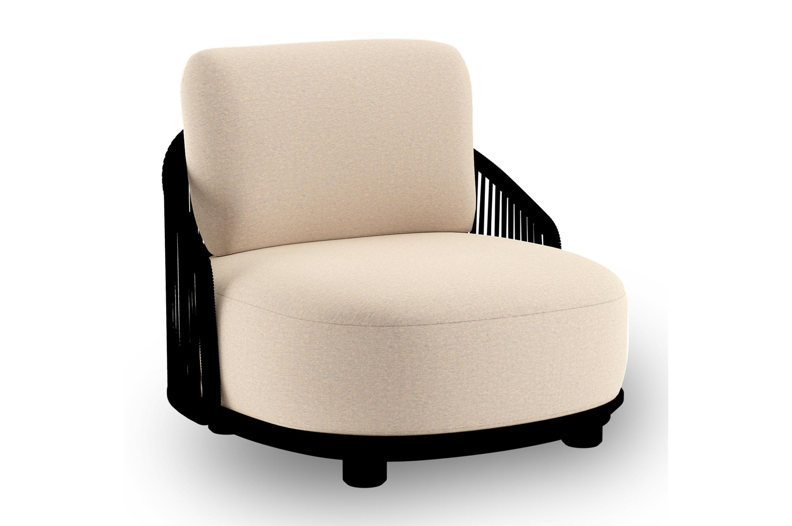 Fauteuil de jardin Vadelo en aluminium noir et corde ronde tissée verticalement noir et coussins en all weather sunbrella® luxe heritage papyrus