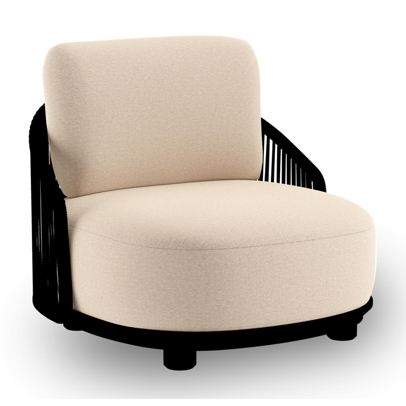 Fauteuil de jardin Vadelo en aluminium noir et corde ronde tissée verticalement noir et coussins en all weather sunbrella® luxe heritage papyrus