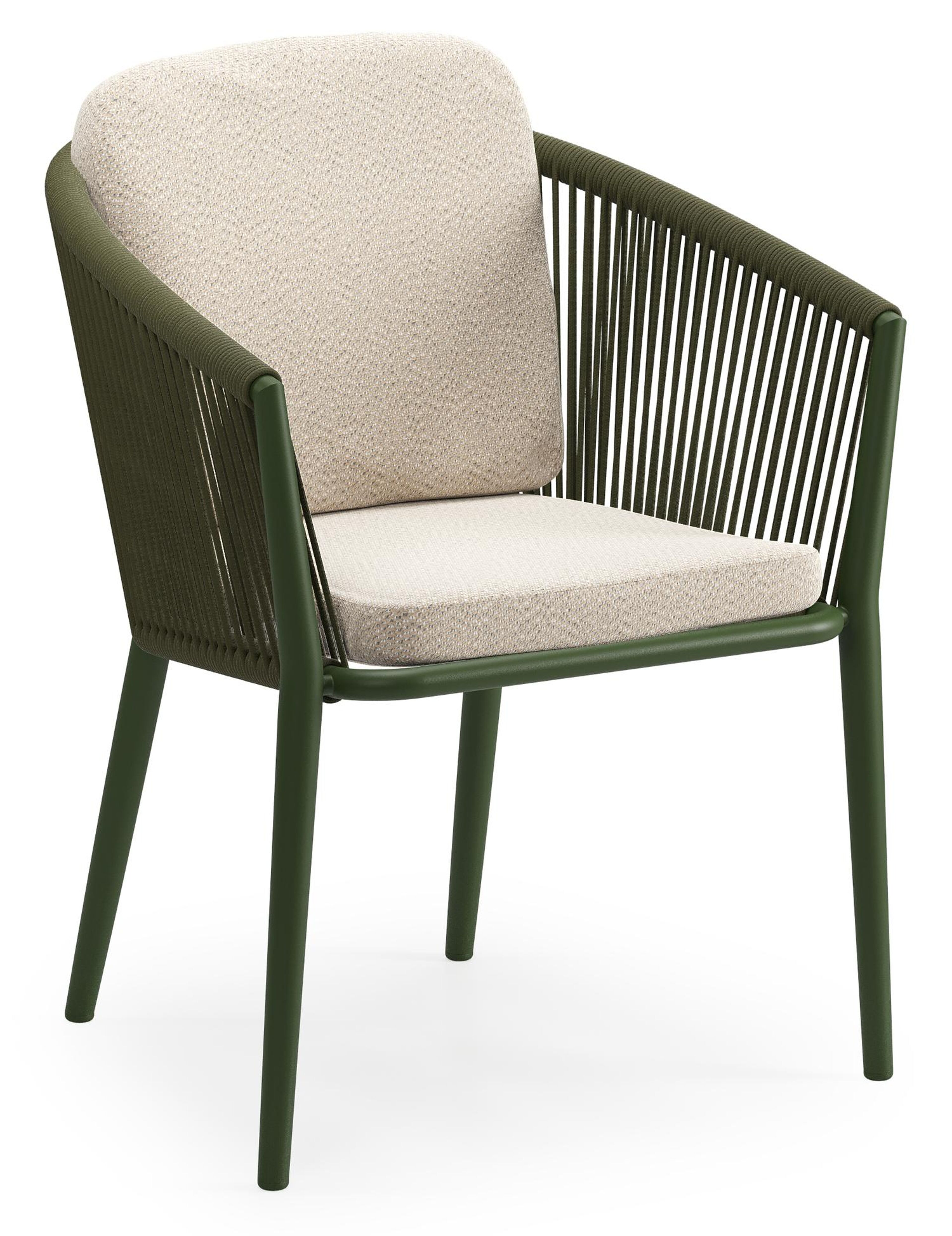 Orso tuinstoel in groen aluminium en groen verticaal geweven ronde rope met luxe zitkussen in All Weather Sunbrella® Luxe Lopi Sand