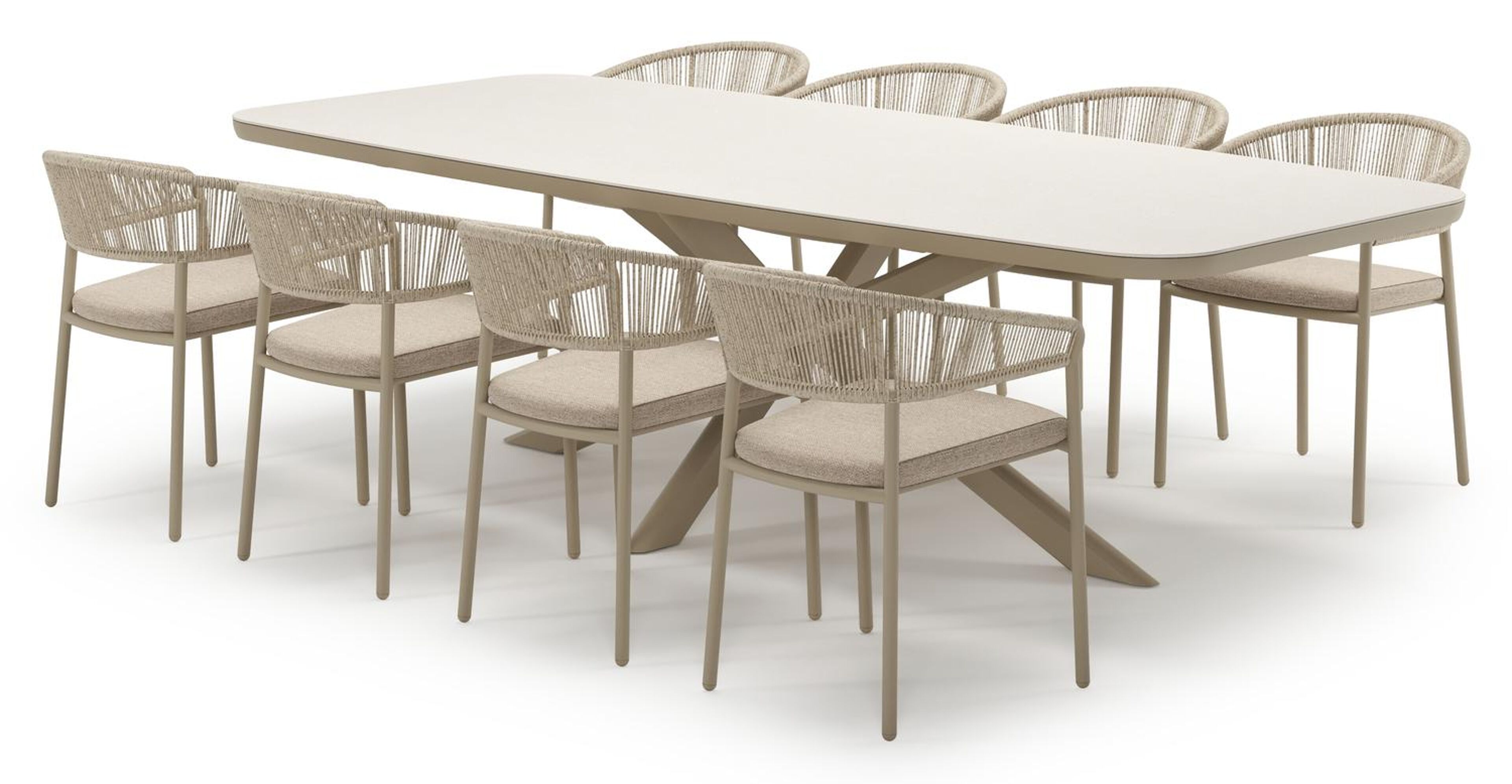 Ensemble de jardin Pamplona en aluminium beige et sintered stone crema minerale avec 8 chaises de jardin empilable Zamora