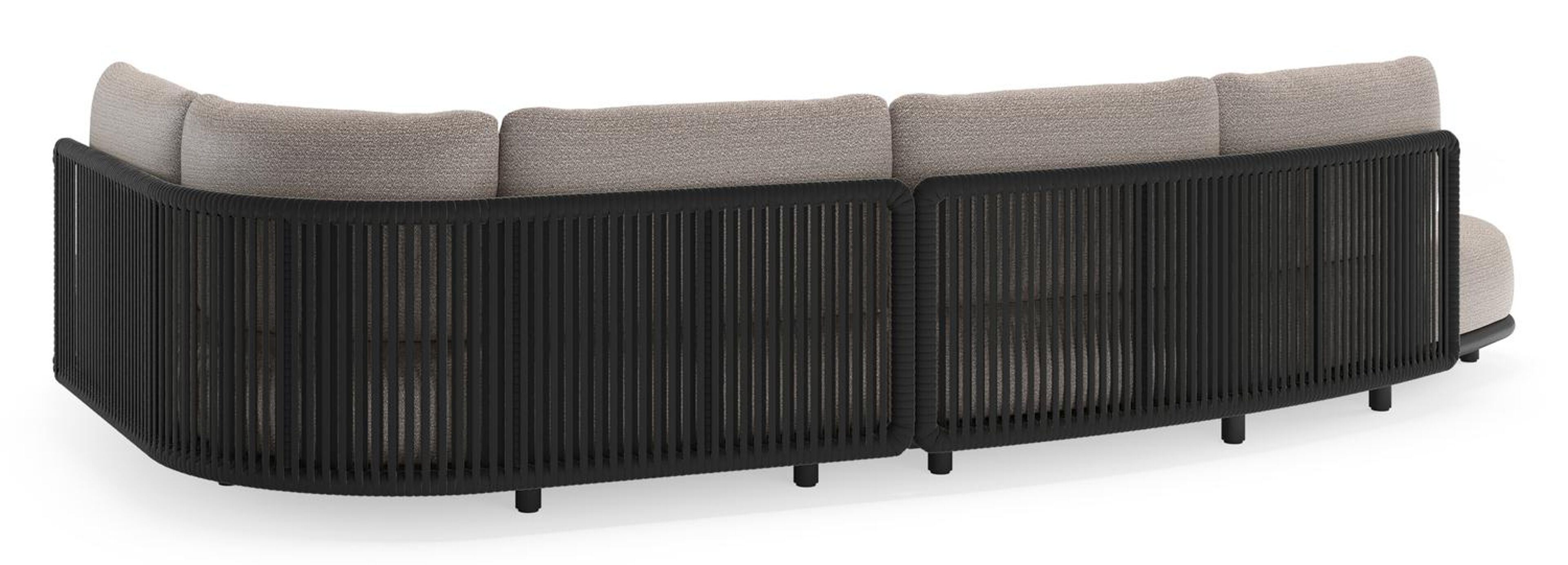 Salon de jardin d'angle Lomano en aluminium noir et corde luxe plate tissée verticalement noir et coussins en all weather sunbrella® luxe wander granite