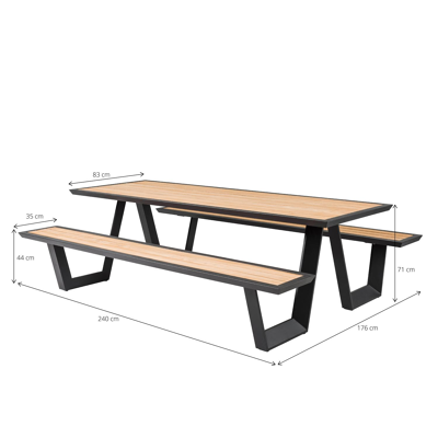 Sevilla picknicktafel in zwart aluminium en teak tafelblad - L 240 x B 175 x H 71 cm