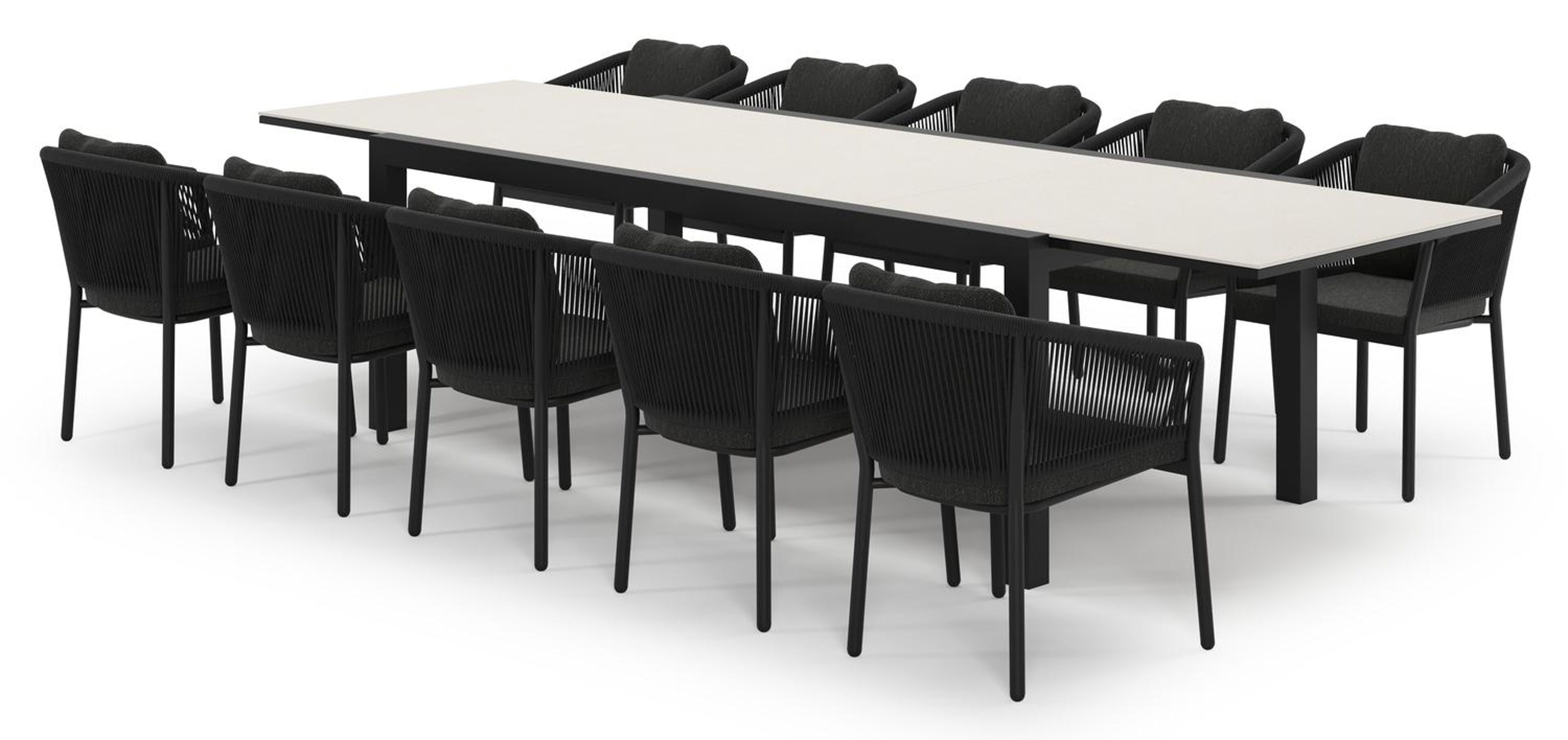 Calobra uitschuifbare tuinset in zwart aluminium en crema minerale sintered stone met 10 Gerona tuinstoelen
