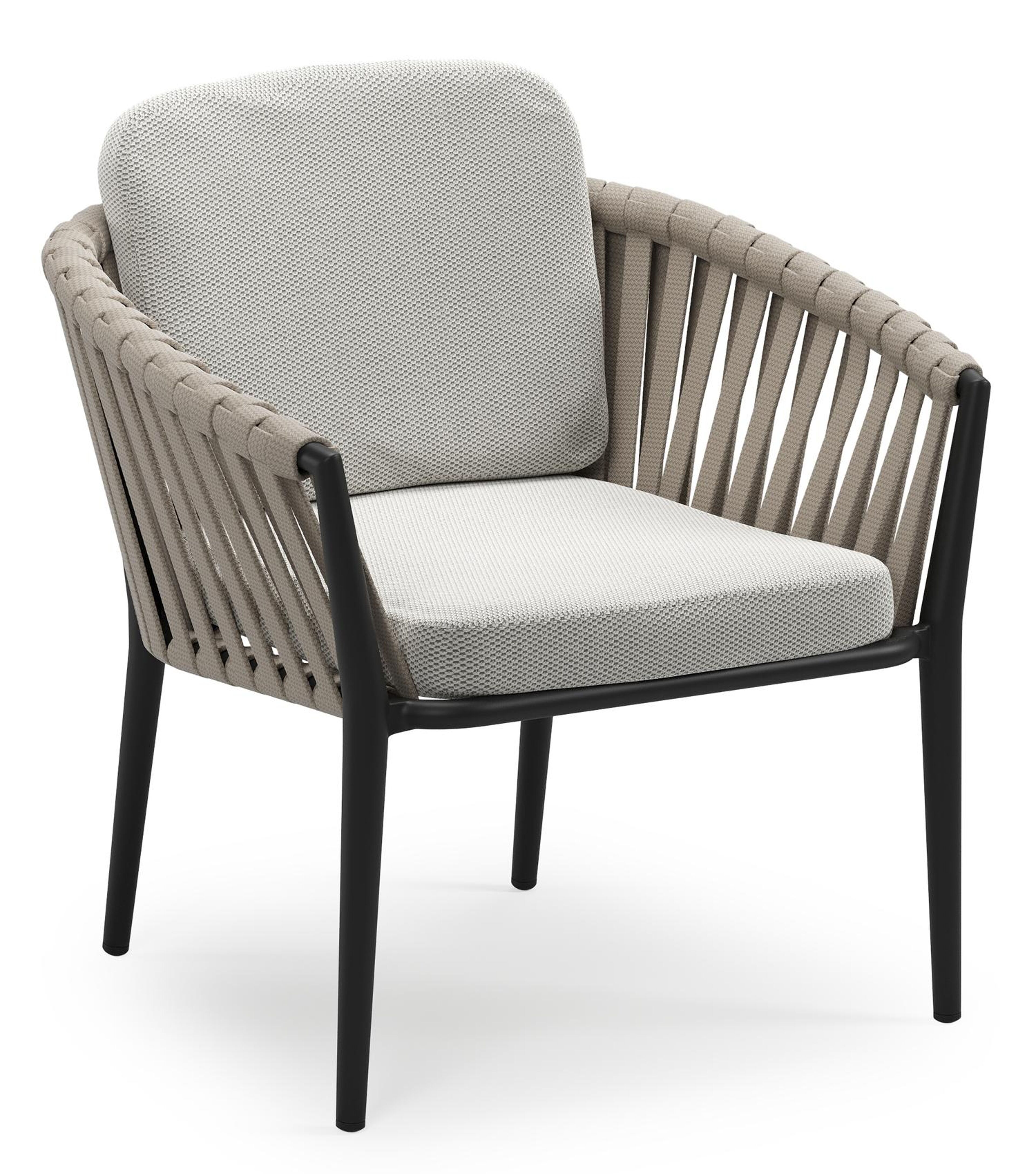 Orso low dining tuinstoel in zwart aluminium en beige verticaal geweven luxe vlakke brede rope met stoelkussen in All Weather Sunbrella® Luxe Lopi Ash