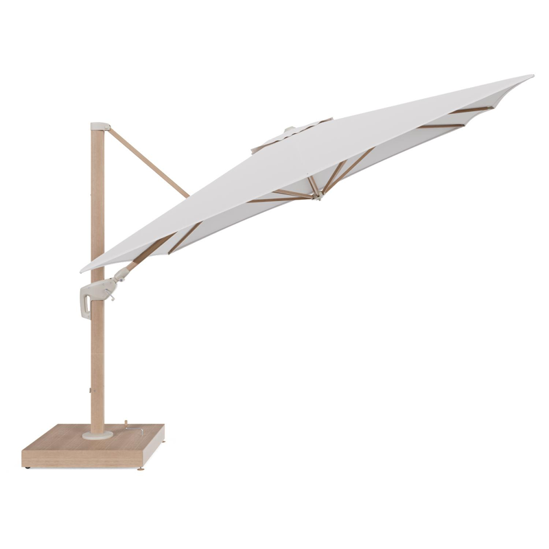 Minore zweefparasol met tiltfunctie in houtlook aluminium en Ego Eggshell All Weather Solica parasoldoek - L1 350 x L2 350 cm met parasolvoet Minore 260 kg met wielen