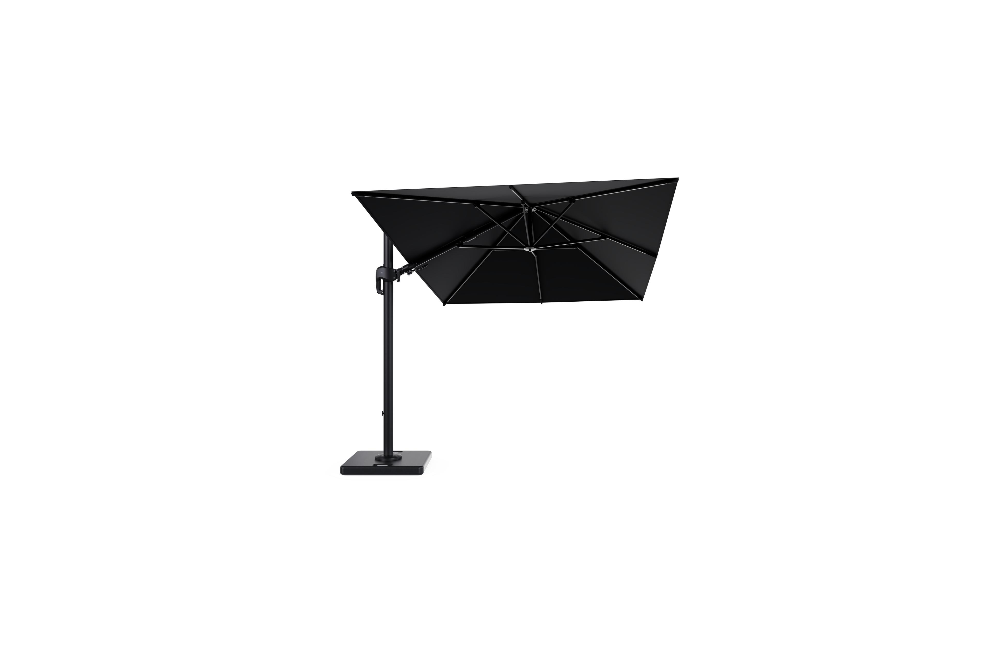 Rufina zweefparasol met tiltfunctie in zwart aluminium met zwart all weather sunbrella® premium parasoldoek - L1 350 x L2 250 cm met parasolvoet Lapido 120 kg