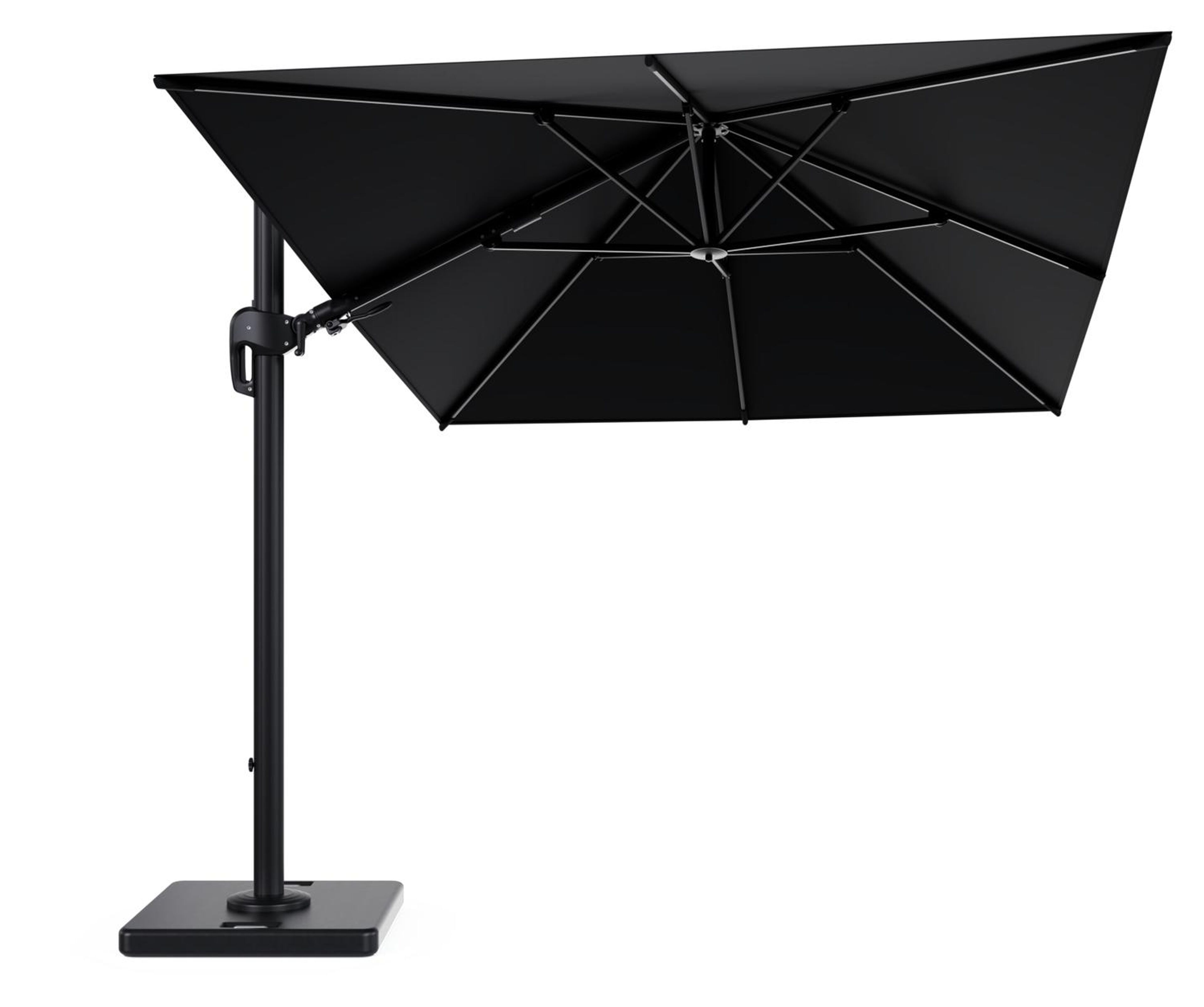 Parasol pendant Rufina avec fonction tilt en aluminium noir avec toile de parasol en all weather sunbrella® premium noir - Lg.1 350 x Lg.2 250 cm avec pied de parasol Lapido 120 kg