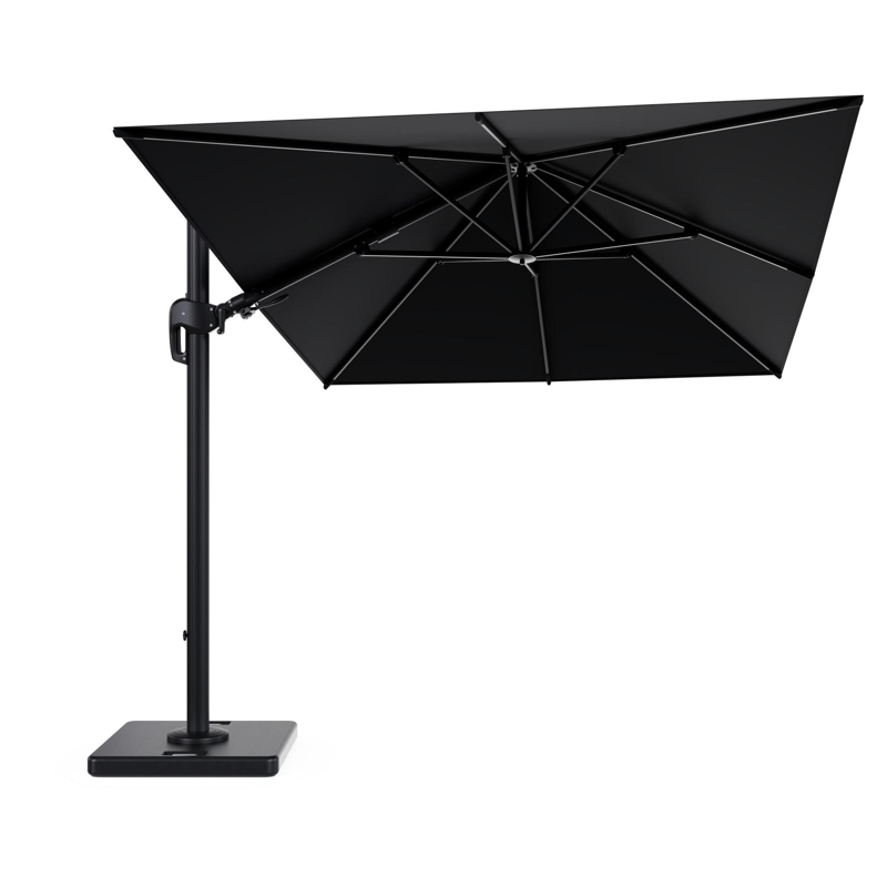Rufina zweefparasol met tiltfunctie in zwart aluminium met zwart all weather sunbrella® premium parasoldoek - L1 350 x L2 250 cm met parasolvoet Lapido 120 kg