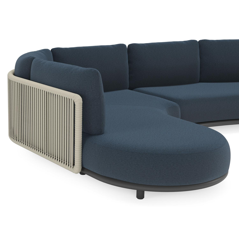 Lomano loungehoek in zwart aluminium en beige verticaal geweven luxe vlakke rope met Heritage Indigo All Weather Sunbrella® luxe
