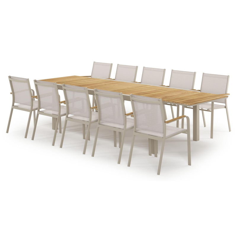 Ensemble de jardin Calobra extensible rectangulaire en aluminium beige et teck avec 10 chaises de jardin Amalfi