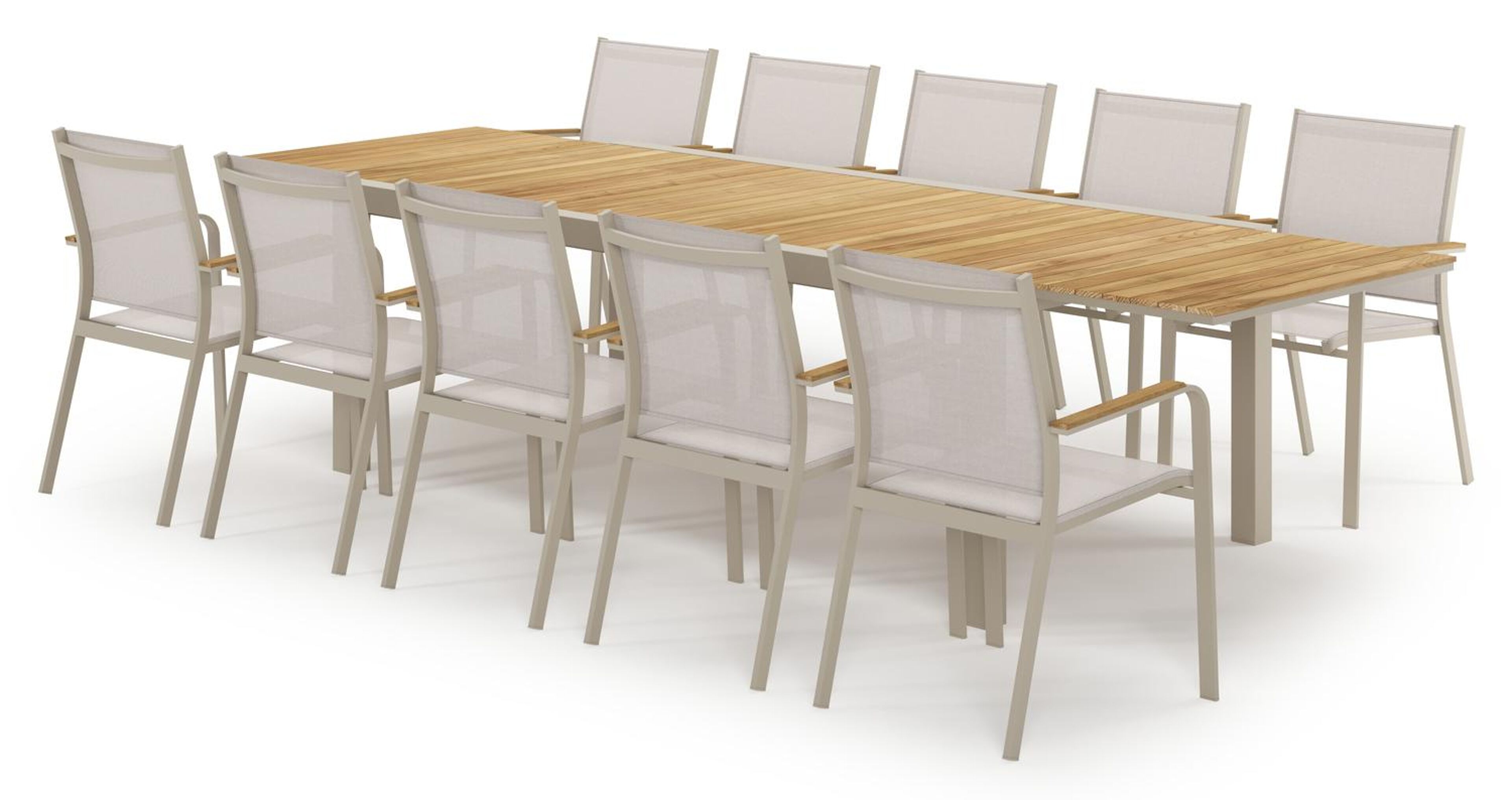 Ensemble de jardin Calobra extensible rectangulaire en aluminium beige et teck avec 10 chaises de jardin Amalfi