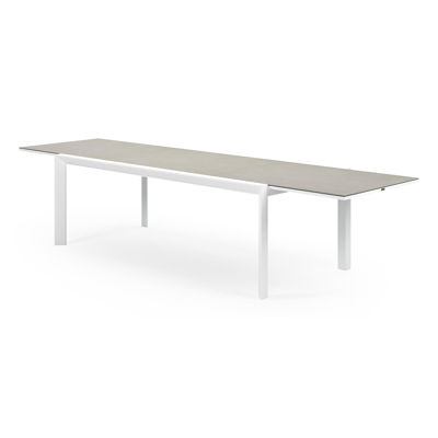 Aspra tuinset met verlengbare tafel in wit aluminium en grijs volkeramiek op glas tafelblad met 10 Rivo tuinstoelen
