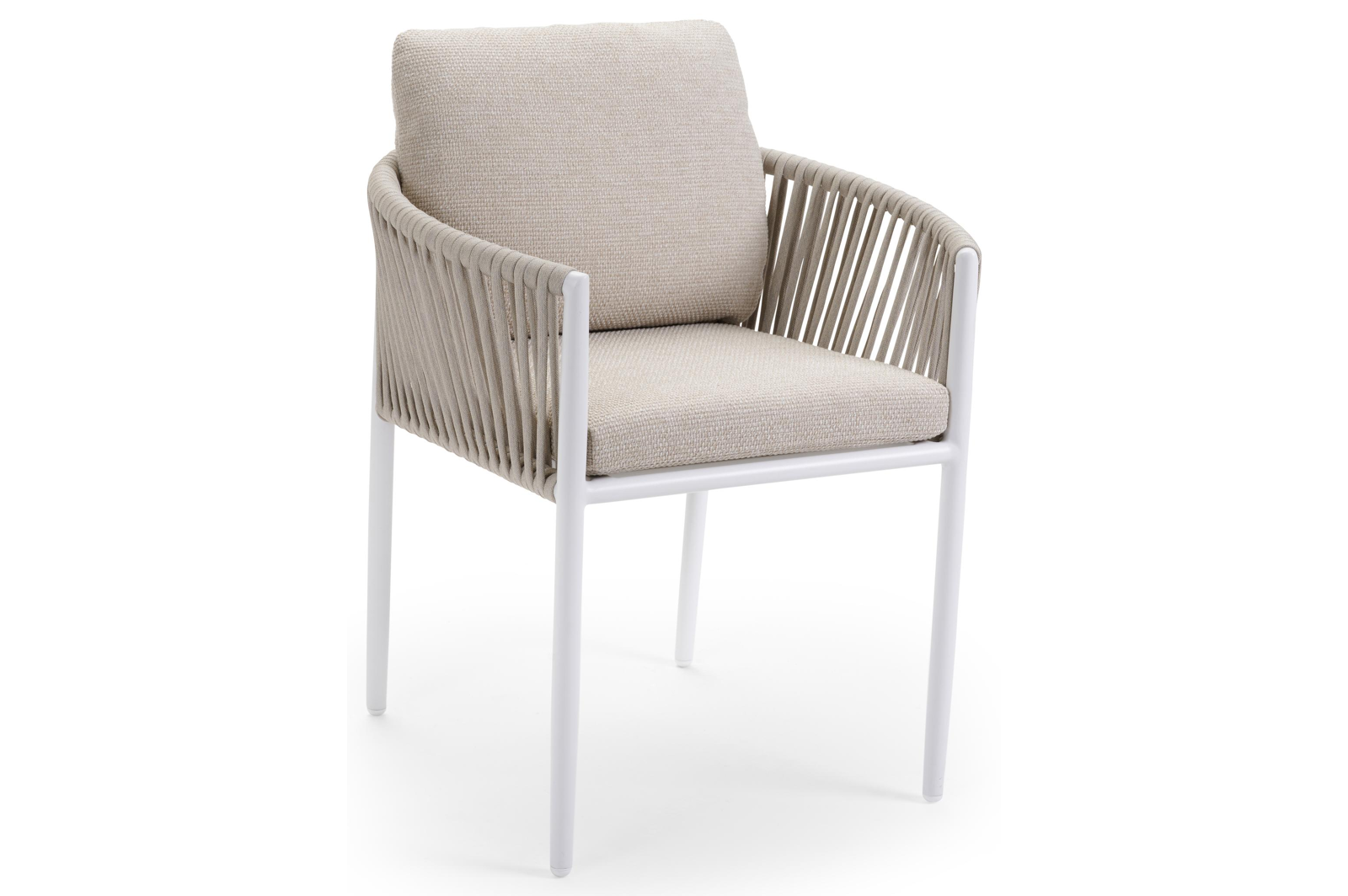 Chaise de jardin Organo en aluminium blanc et corde luxe plate tissée verticalement beige avec coussin en All Weather Cosytica Althea Chalk