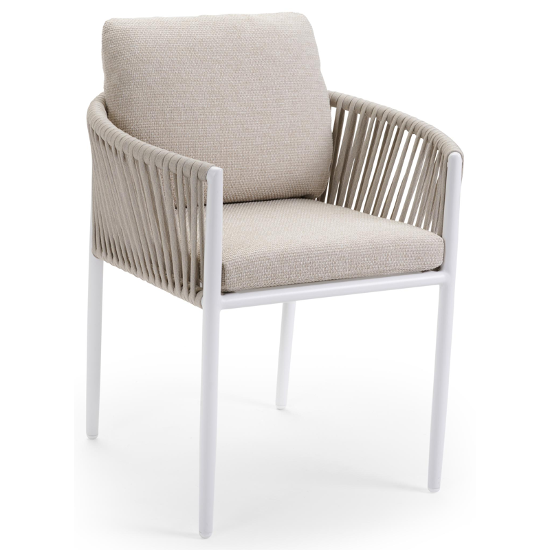 Chaise de jardin Organo en aluminium blanc et corde luxe plate tissée verticalement beige avec coussin en All Weather Cosytica Althea Chalk