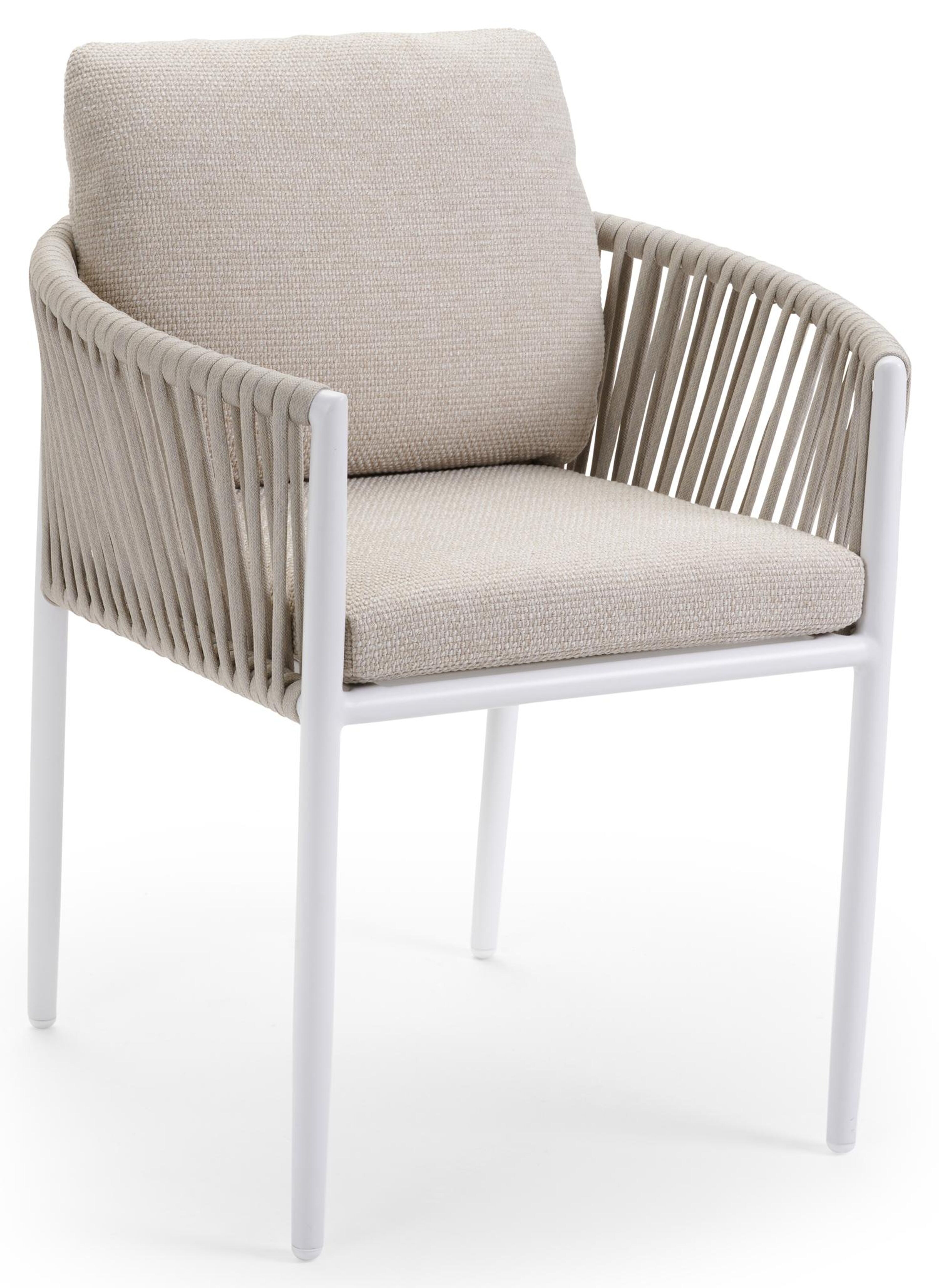 Organo tuinstoel in wit aluminium en beige verticaal geweven luxe vlakke rope met zitkussen in All Weather Cosytica Althea Chalk