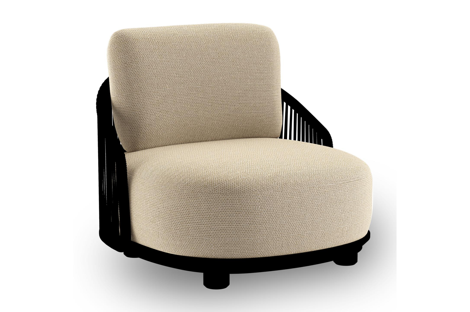 Fauteuil de jardin Vadelo en aluminium noir et corde ronde tissée verticalement noir et coussins en all weather cosytica althea camel