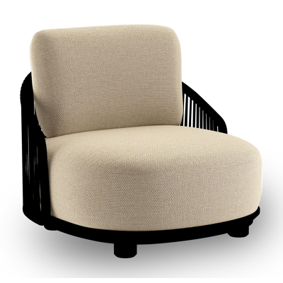 Vadelo loungestoel in zwart aluminium en zwart verticaal geweven ronde rope met althea camel all weather cosytica kussen