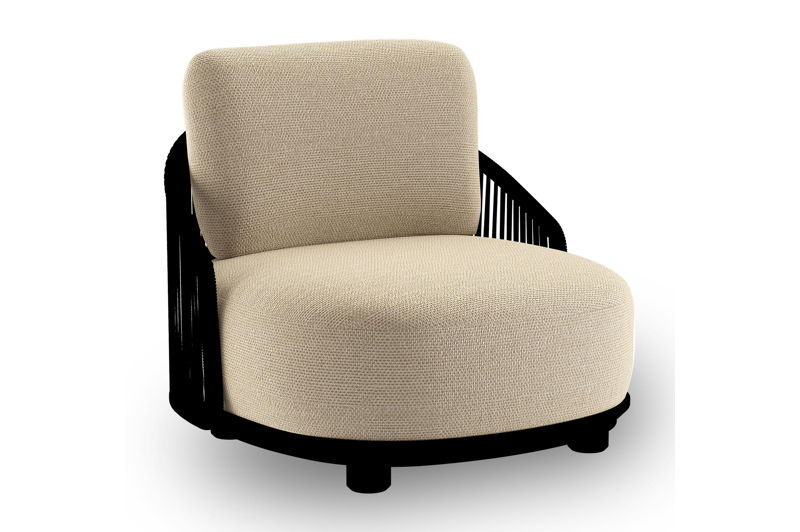 Vadelo loungestoel in zwart aluminium en zwart verticaal geweven ronde rope met althea camel all weather cosytica kussen