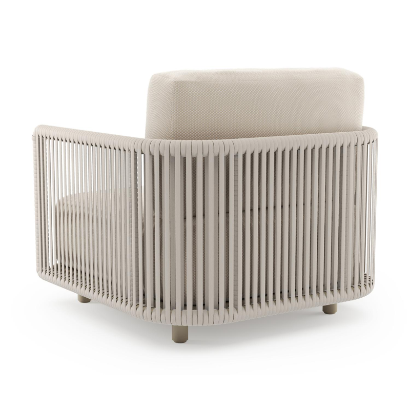 Organo loungestoel in beige aluminium en beige verticaal geweven luxe vlakke rope met lopi antique all weather Sunbrella® luxe kussen