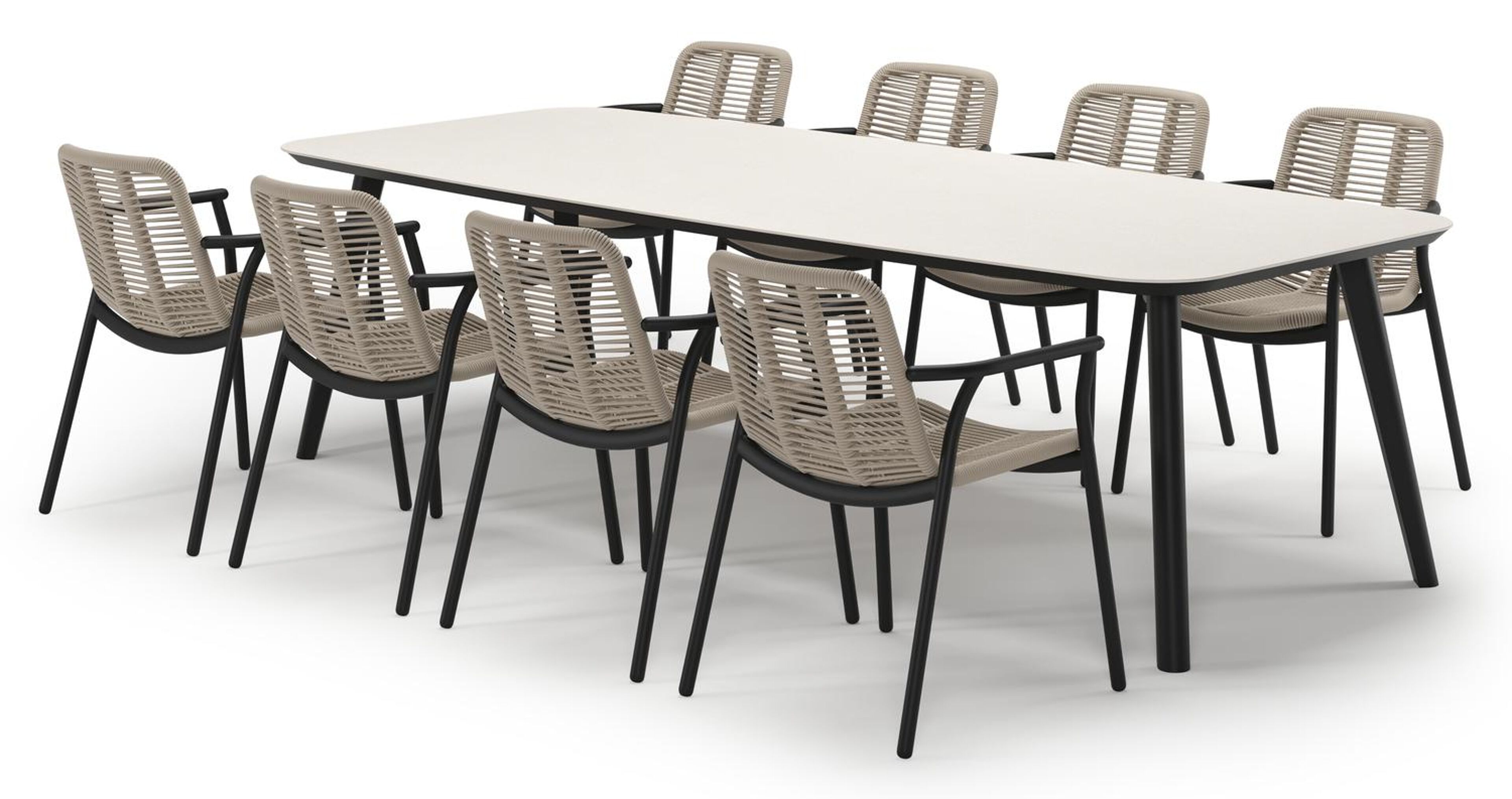 Mosa tuinset in zwart aluminium en crema minerale sintered stone met 8 stapelbare Berga tuinstoelen