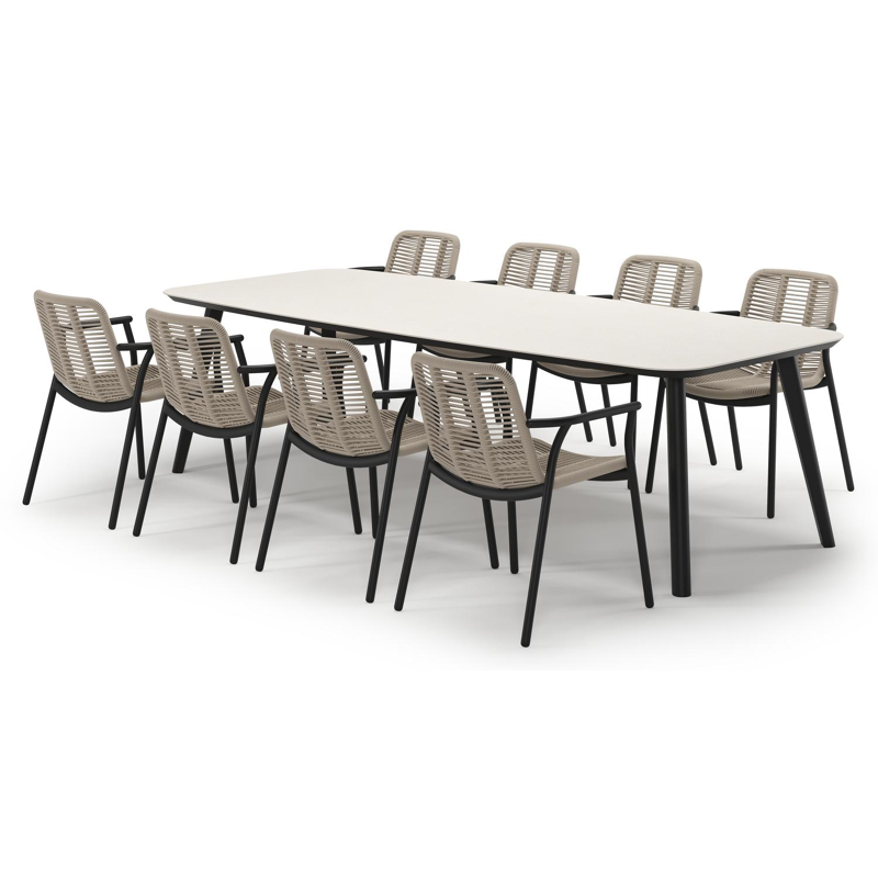 Mosa tuinset in zwart aluminium en crema minerale sintered stone met 8 stapelbare Berga tuinstoelen