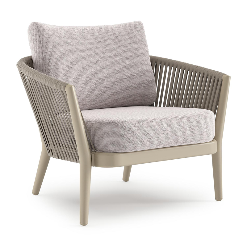 Fauteuil de jardin Orso en aluminium beige en corde luxe plate tissée verticalement beige et coussins en all weather sunbrella® luxe Wander Gobi