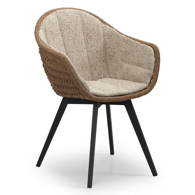 Pagino tuinstoel in zwart aluminium en bruin ronde wicker met zitkussen in All Weather Cosytica Bora Jungle