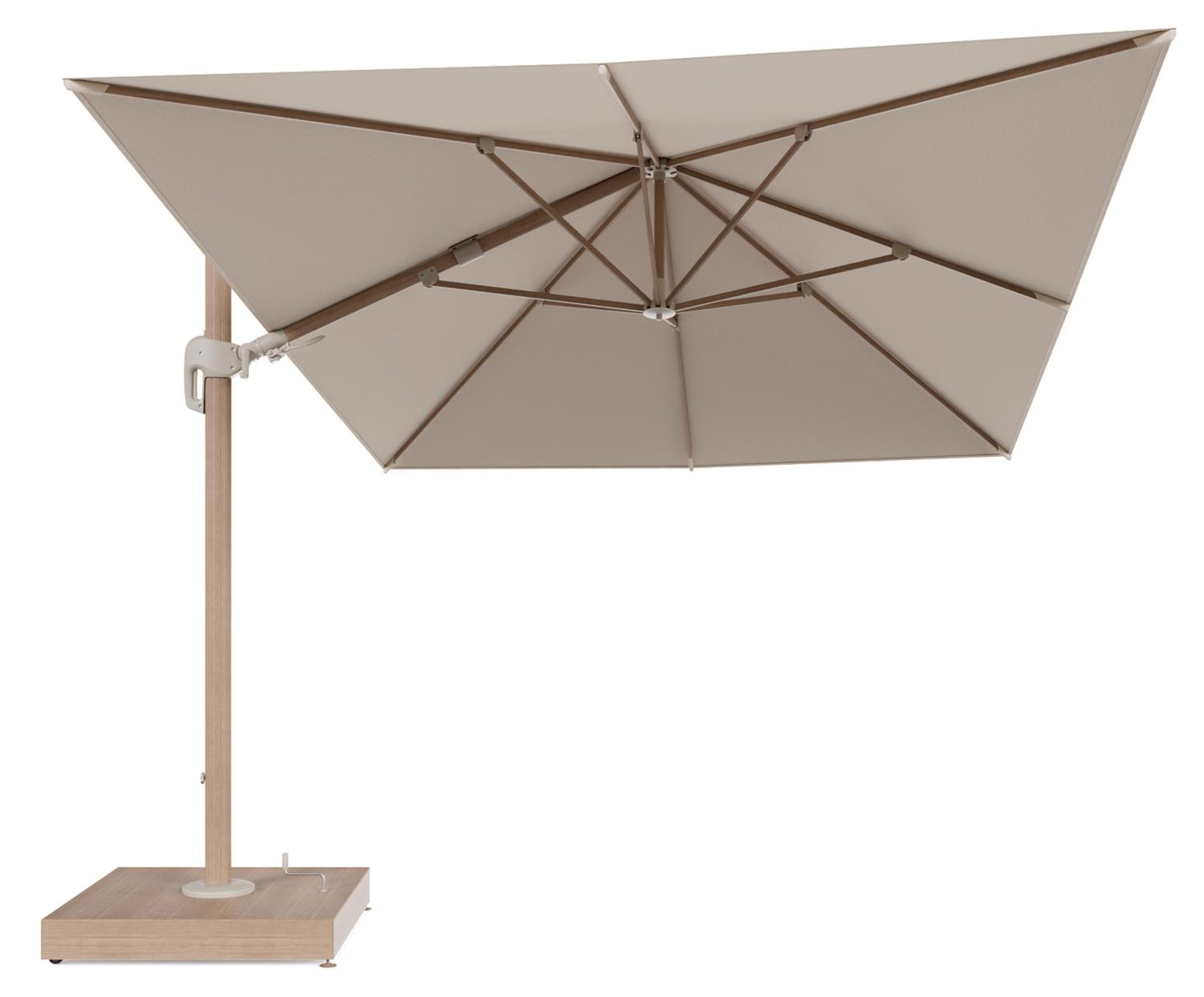 Rufina zweefparasol met tiltfunctie in houtlook aluminium en Heritage Papyrus All Weather Sunbrella® Luxe parasoldoek - L1 400 x L2 300 cm met parasolvoet Minore 260 kg met wielen