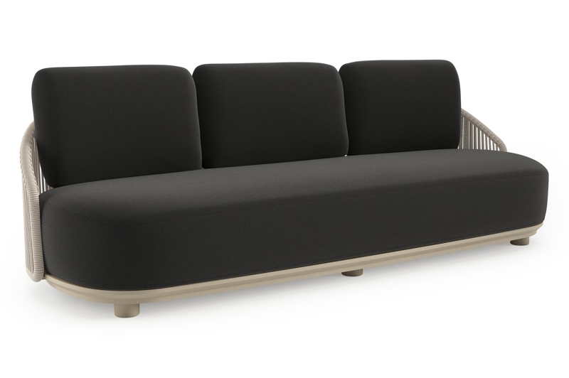 Vadelo loungebank in beige aluminium en beige verticaal geweven ronde rope met natte sooty all weather sunbrella® luxe kussen